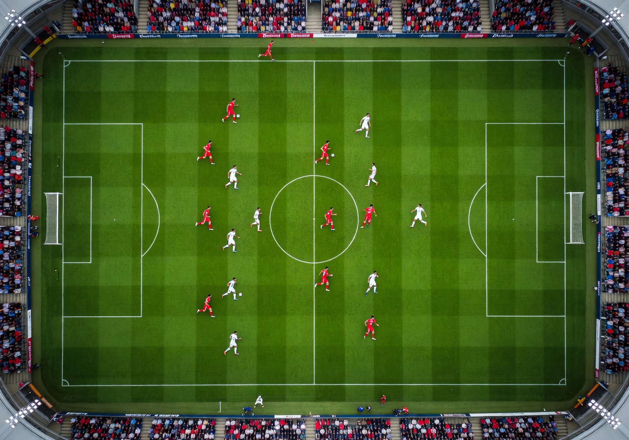 Aerial view of a professional football match with vibrant green pitch