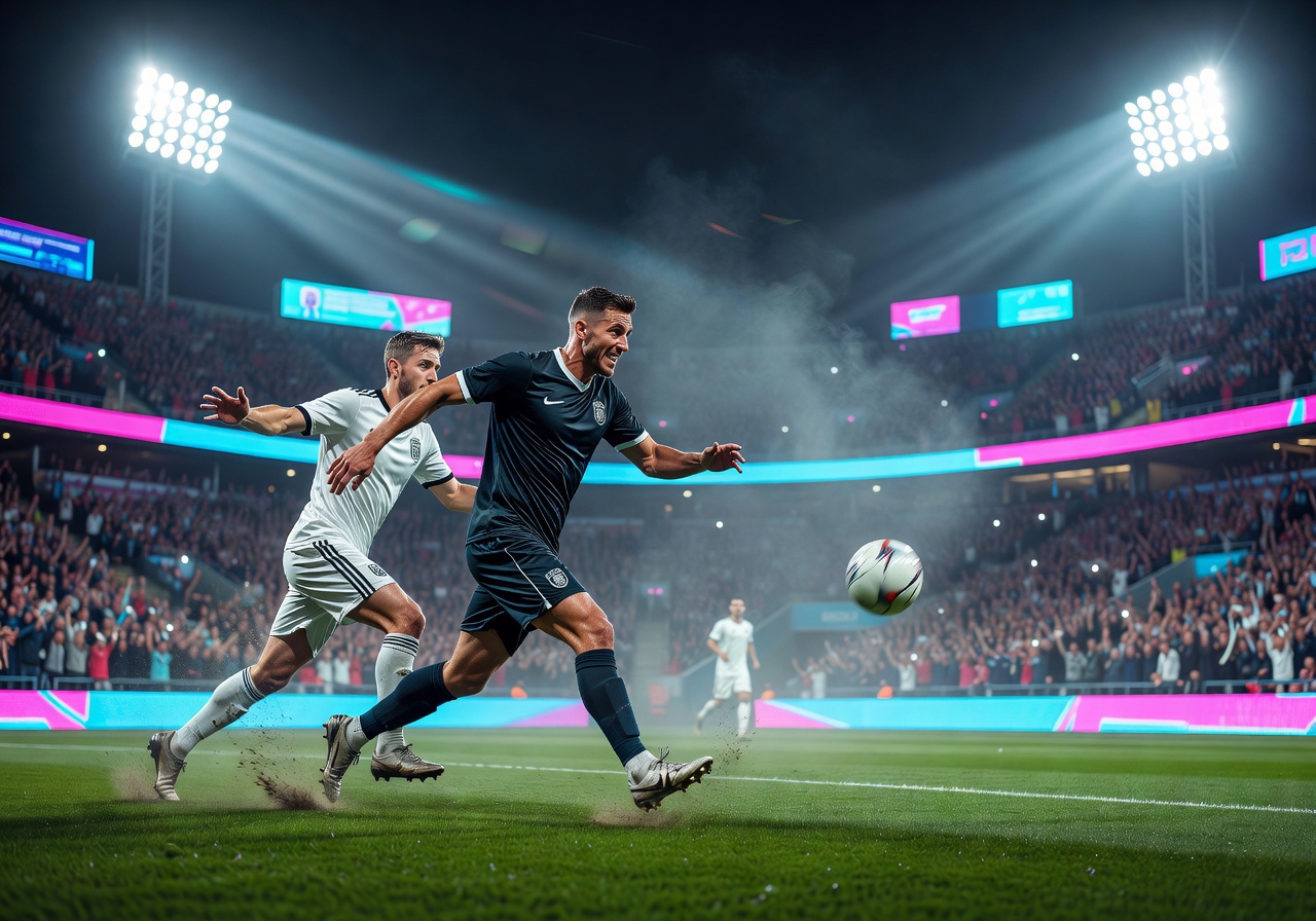 Dramatic football match action under floodlights with neon stadium atmosphere