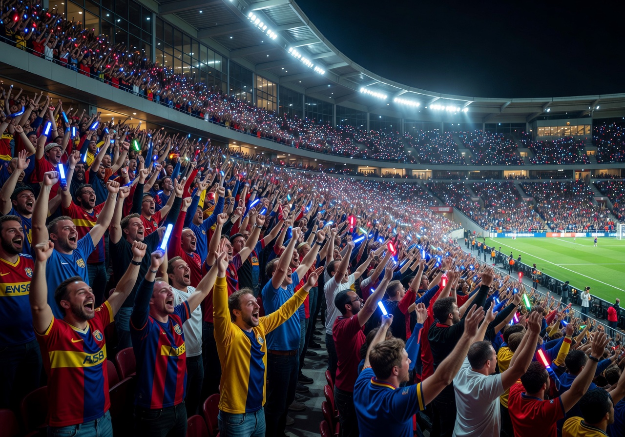 Football fans creating an electric atmosphere in a packed modern stadium