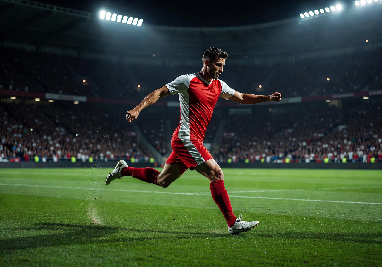 Football player in action during a professional match under stadium lights
