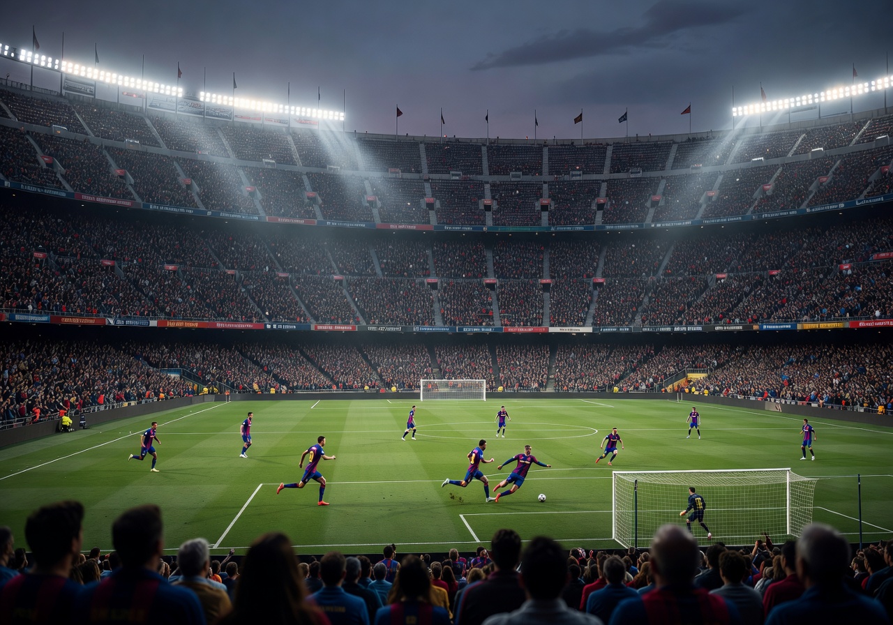 Football stadium panoramic view with atmospheric lighting during a Barcelona match