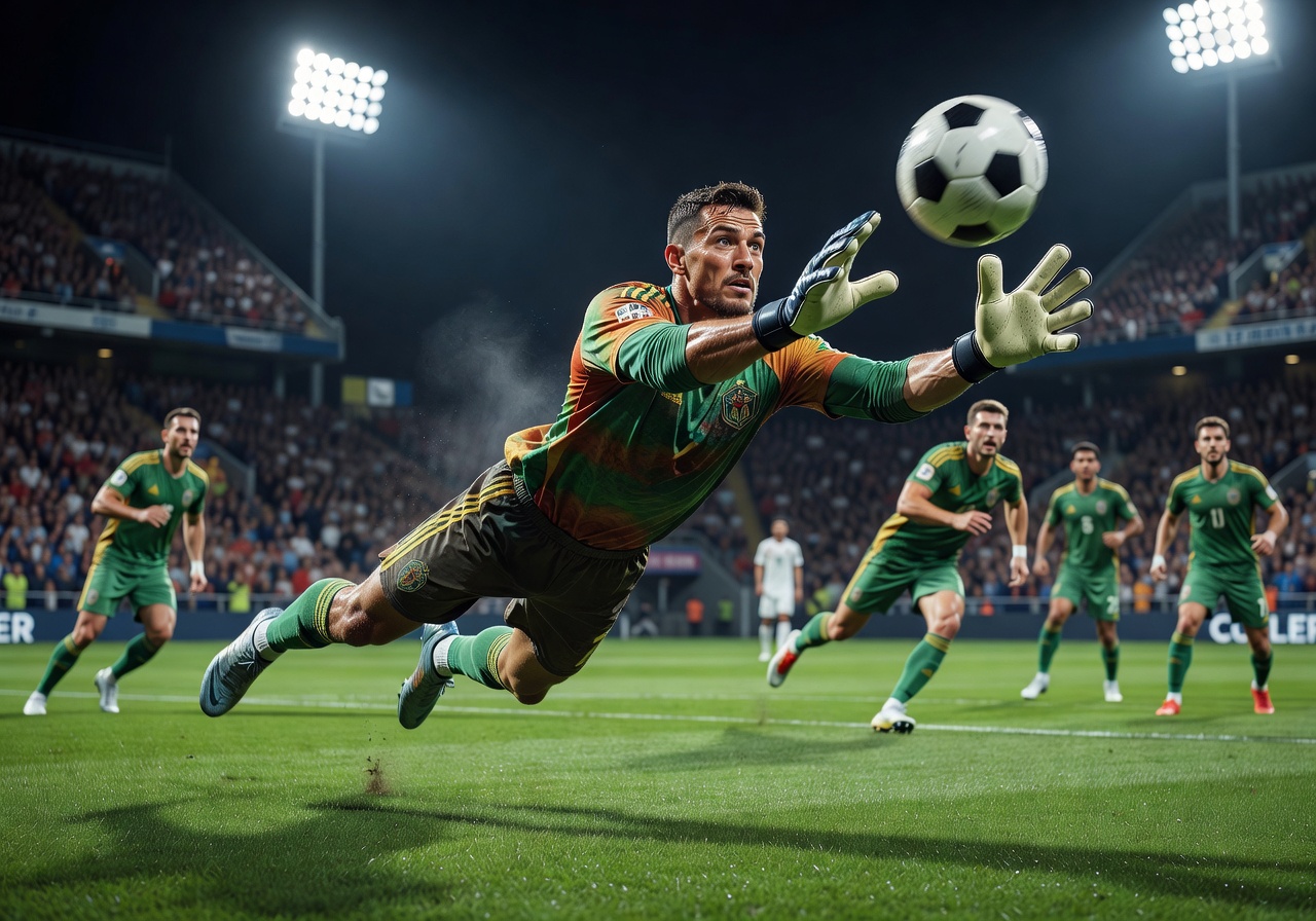 Goalkeeper making a save during an intense football match