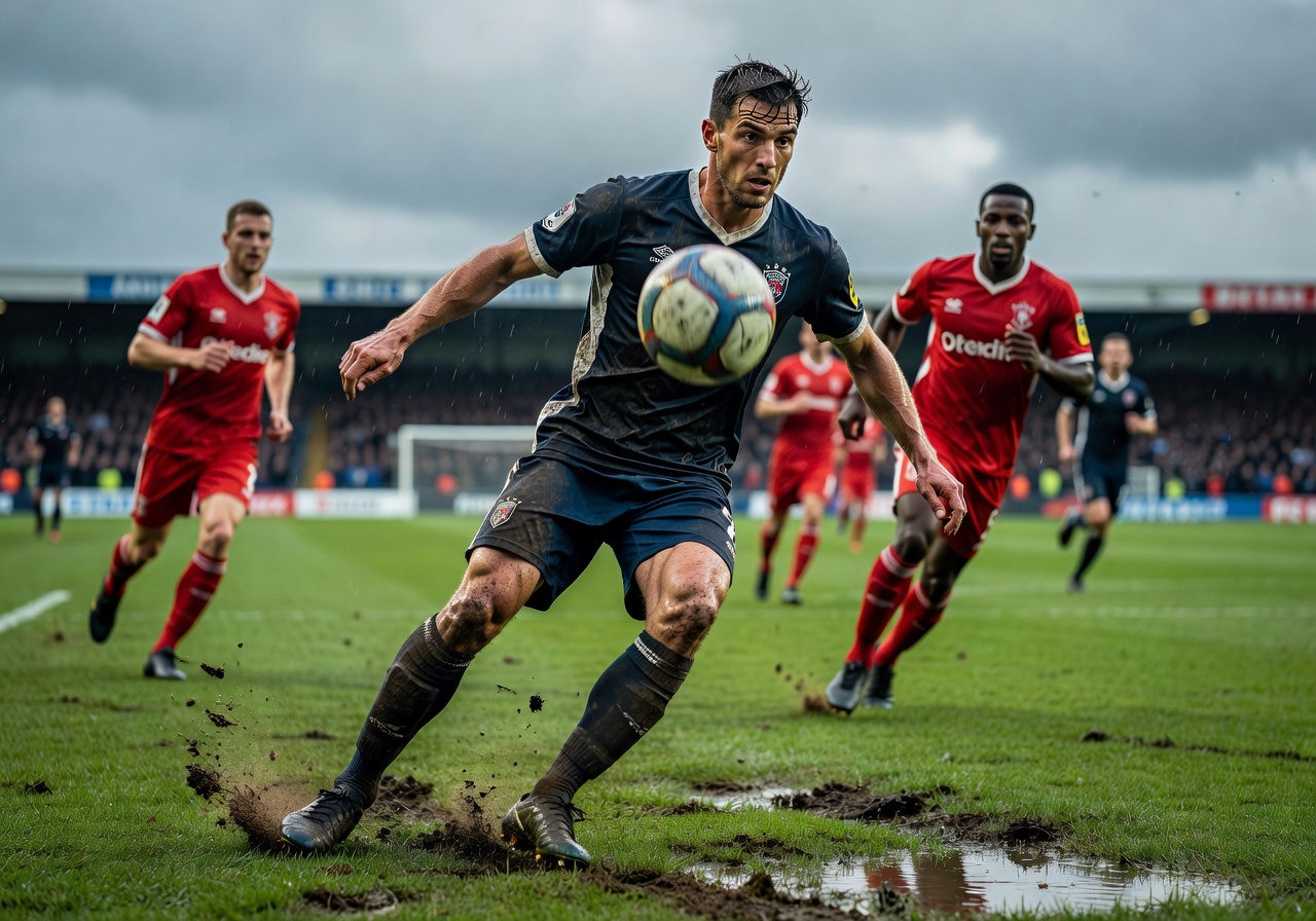 Midfielder controlling the ball during an intense football match