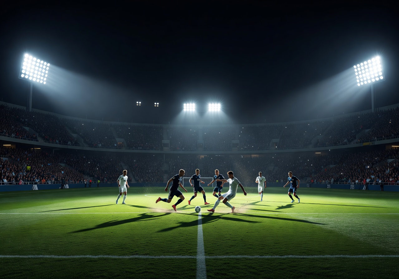 Night football match atmosphere with dramatic stadium floodlights illuminating the pitch