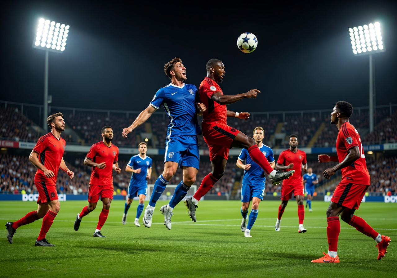 Professional football match action with players competing under floodlights