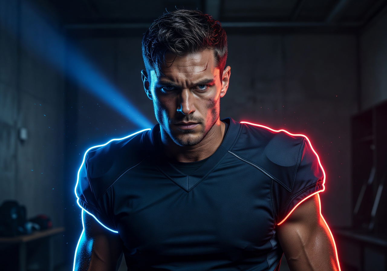 Professional football player portrait with dramatic neon rim lighting